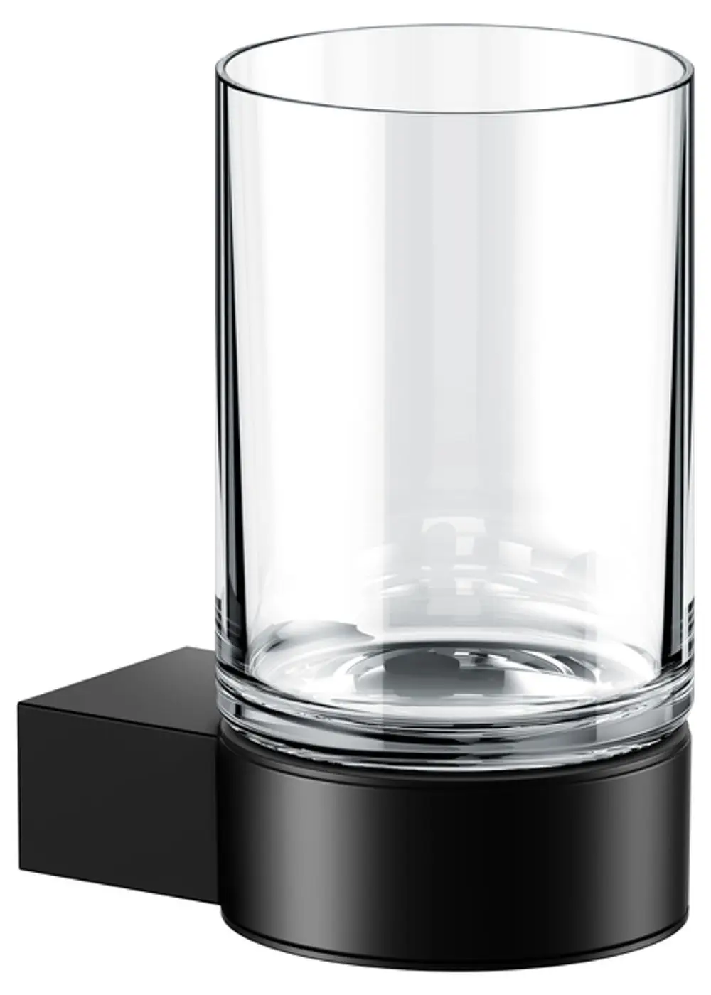 Glashalter von Keuco, kombiniert mit einem durchsichtigen Echtkristall-Glas, auf einer schwarzen, rechteckigen Basis montiert.